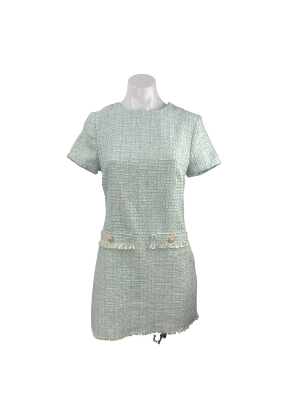Bebop Blue Short Sleeve Tweed Crew Neck Fringe Faux Pocket A Line Mini Dress S